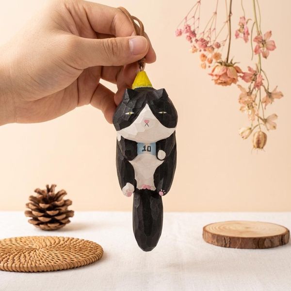 Football Cat Ornament, hand-carved wooden figurine