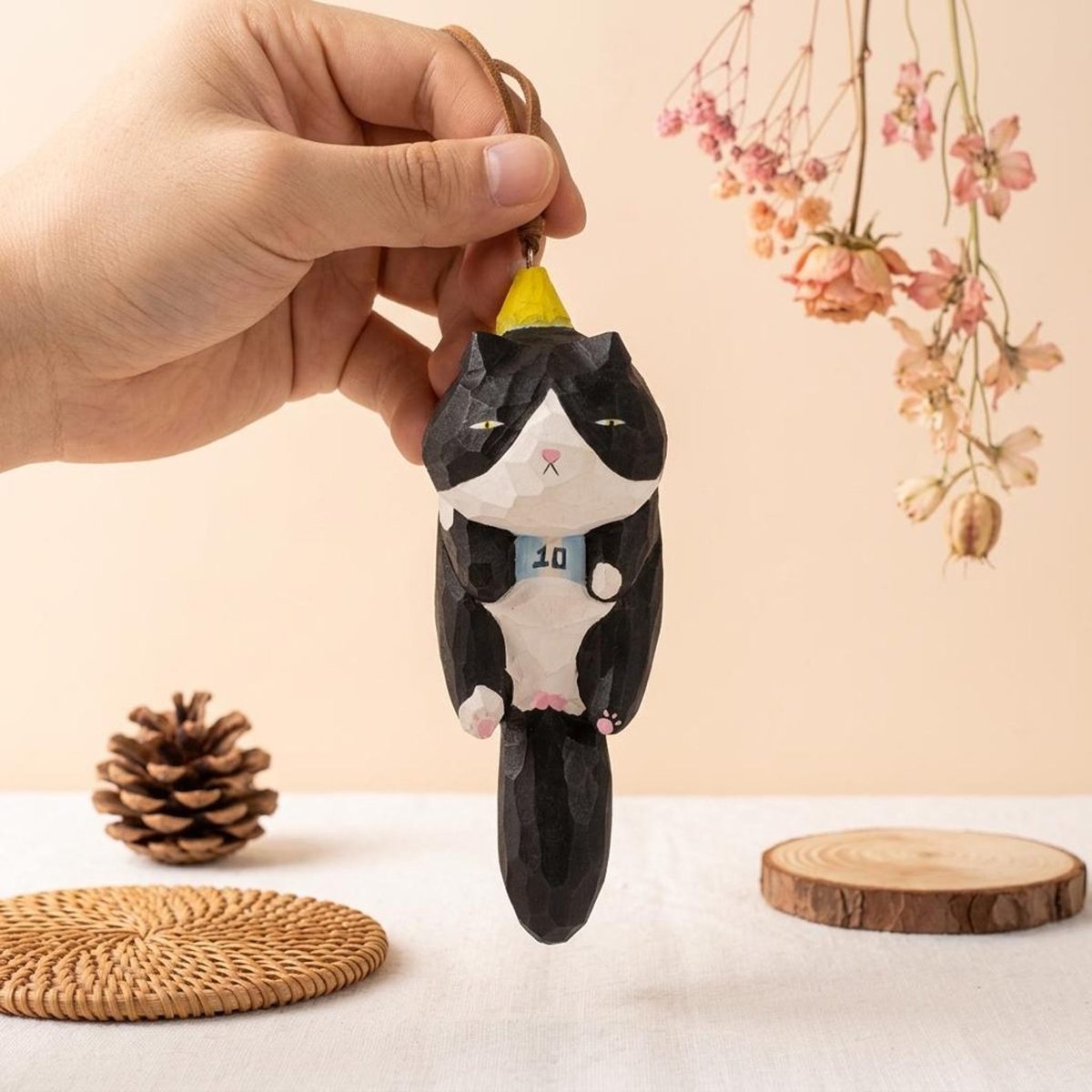 Football Cat Ornament, hand-carved wooden figurine
