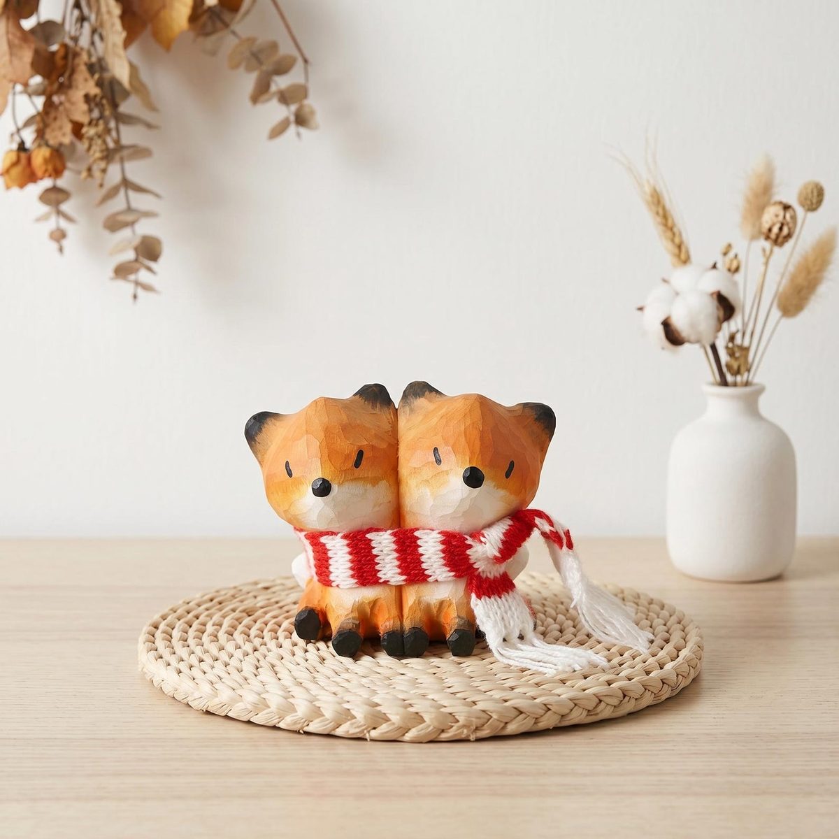 Fox Couple with Knit Scarf, hand-carved wooden figurine