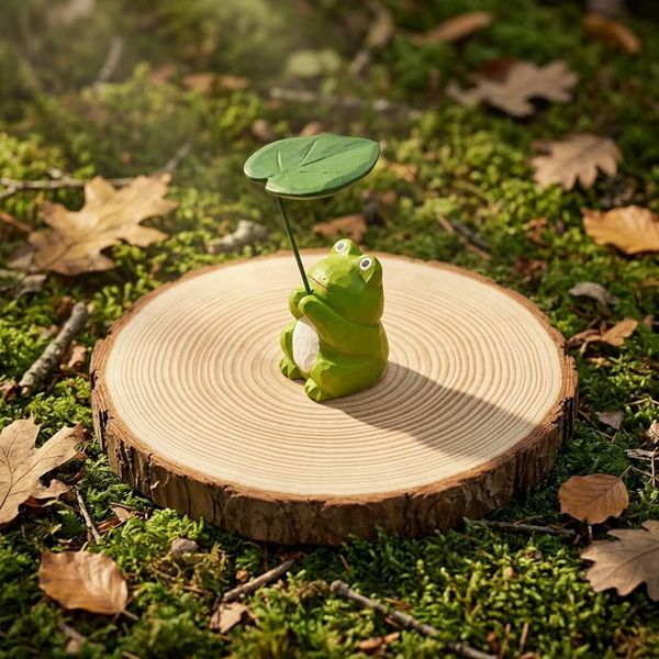 Frog with a Leaf Umbrella, hand-carved wooden figurine