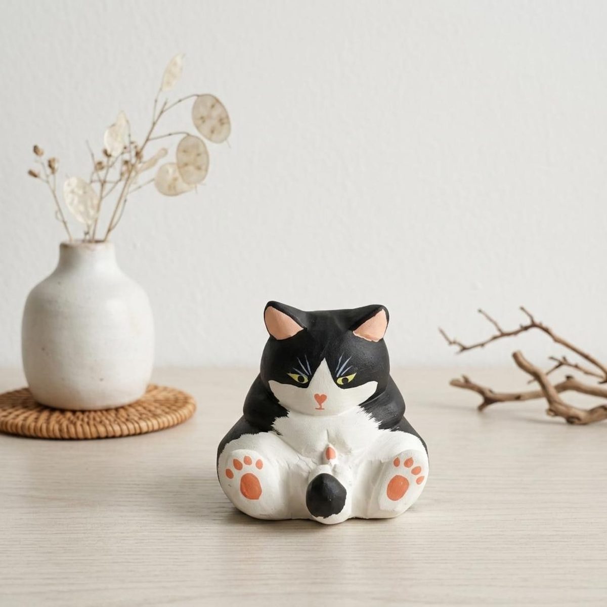 Funny Tuxedo Cat, hand-carved wooden figurine