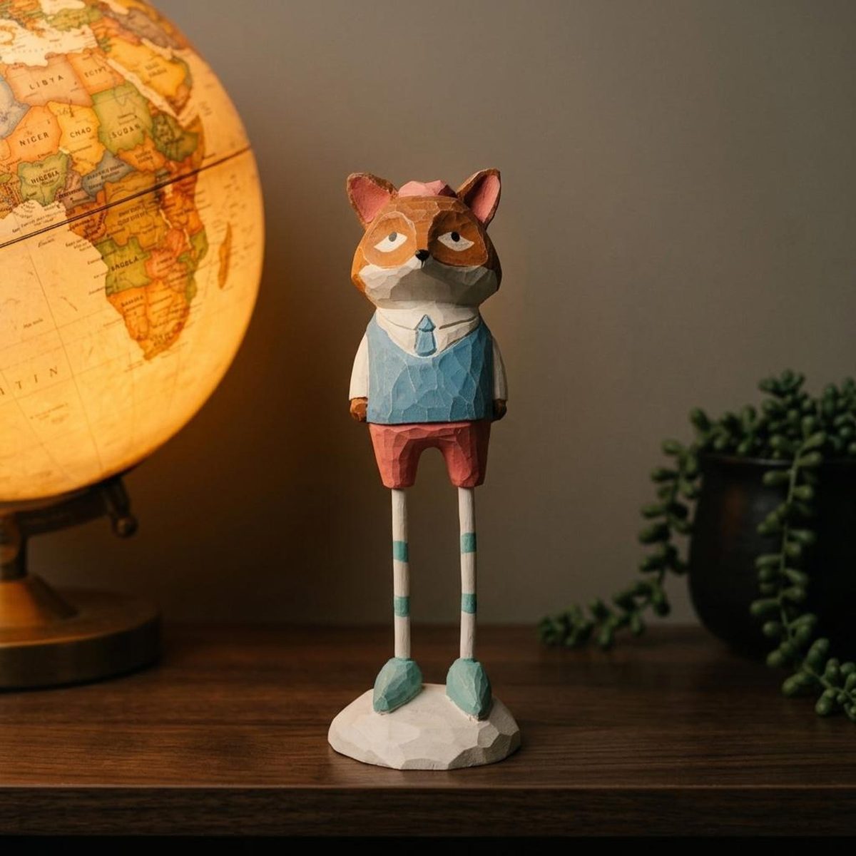 Fox in a Vintage Suit, hand-carved wooden figurine