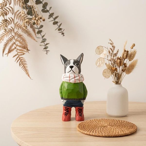 Frenchie in a Vintage Outfit, hand-carved wooden figurine