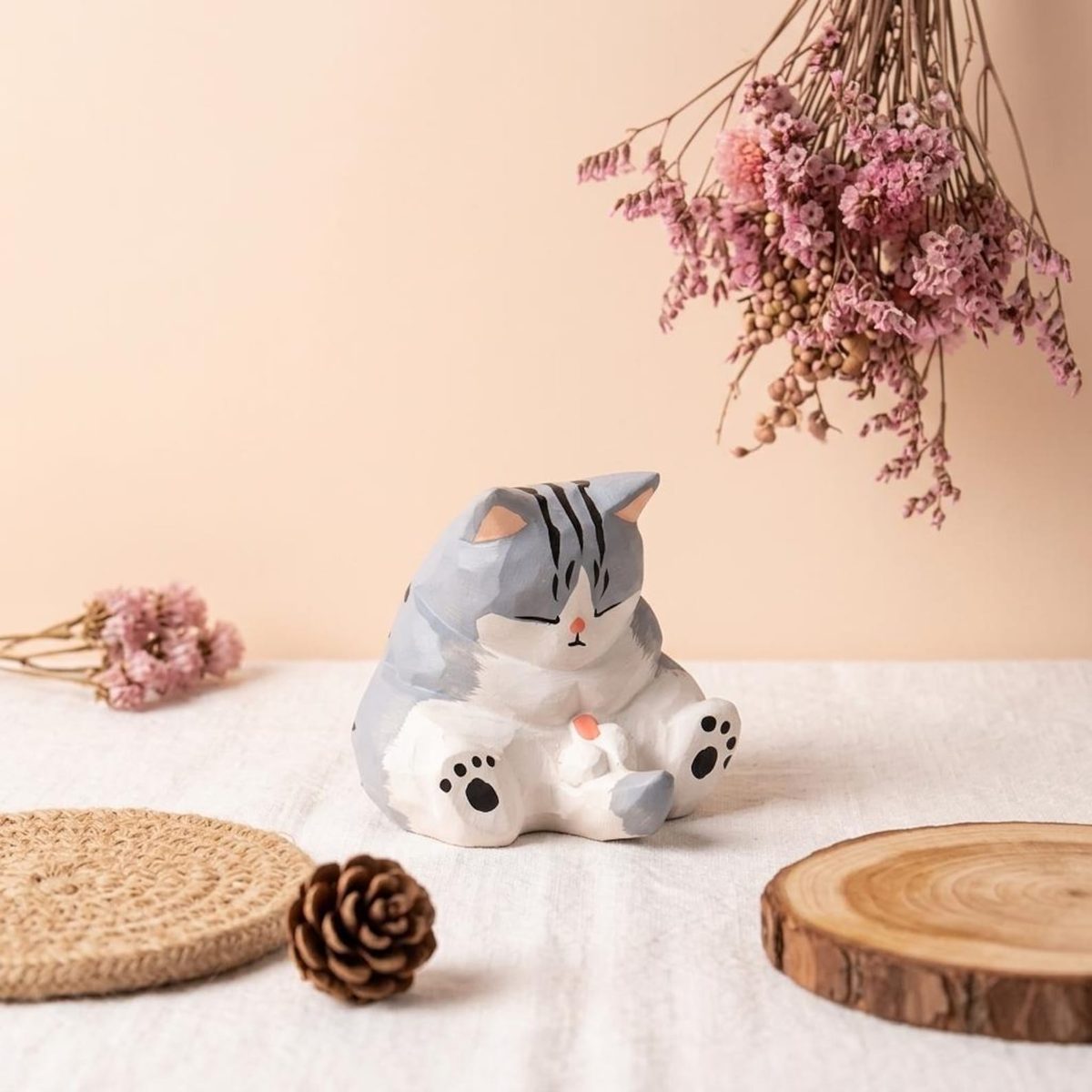 Derp Grey Tabby Cat, hand-carved wooden figurine