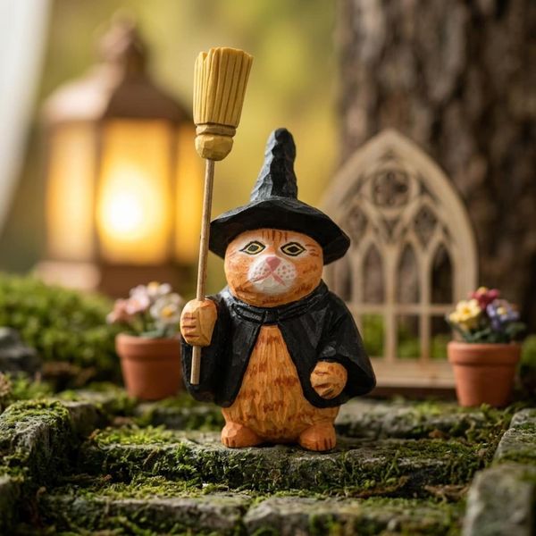 Halloween Witch Cat, hand-carved wooden figurine
