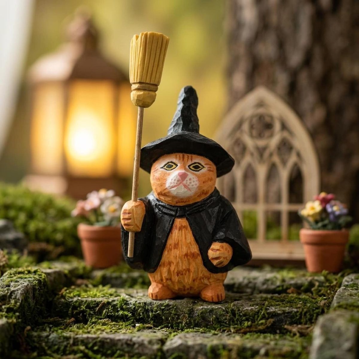 Halloween Witch Cat, hand-carved wooden figurine