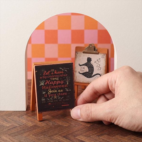 Halloween Miniature Sign and Cat Box, hand-carved wooden figurine