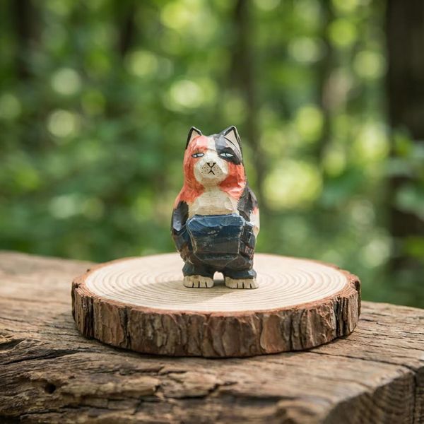 Kitten in Dungarees, hand-carved wooden figurine