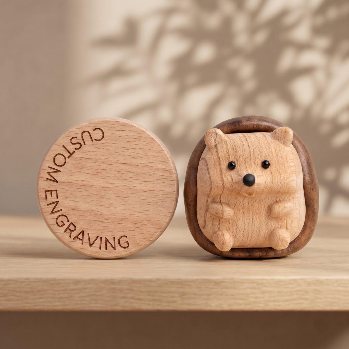 Walnut and Beech Hedgehog, hand-carved wooden figurine