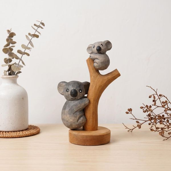 Koala Mother and Baby Set, hand-carved wooden figurine