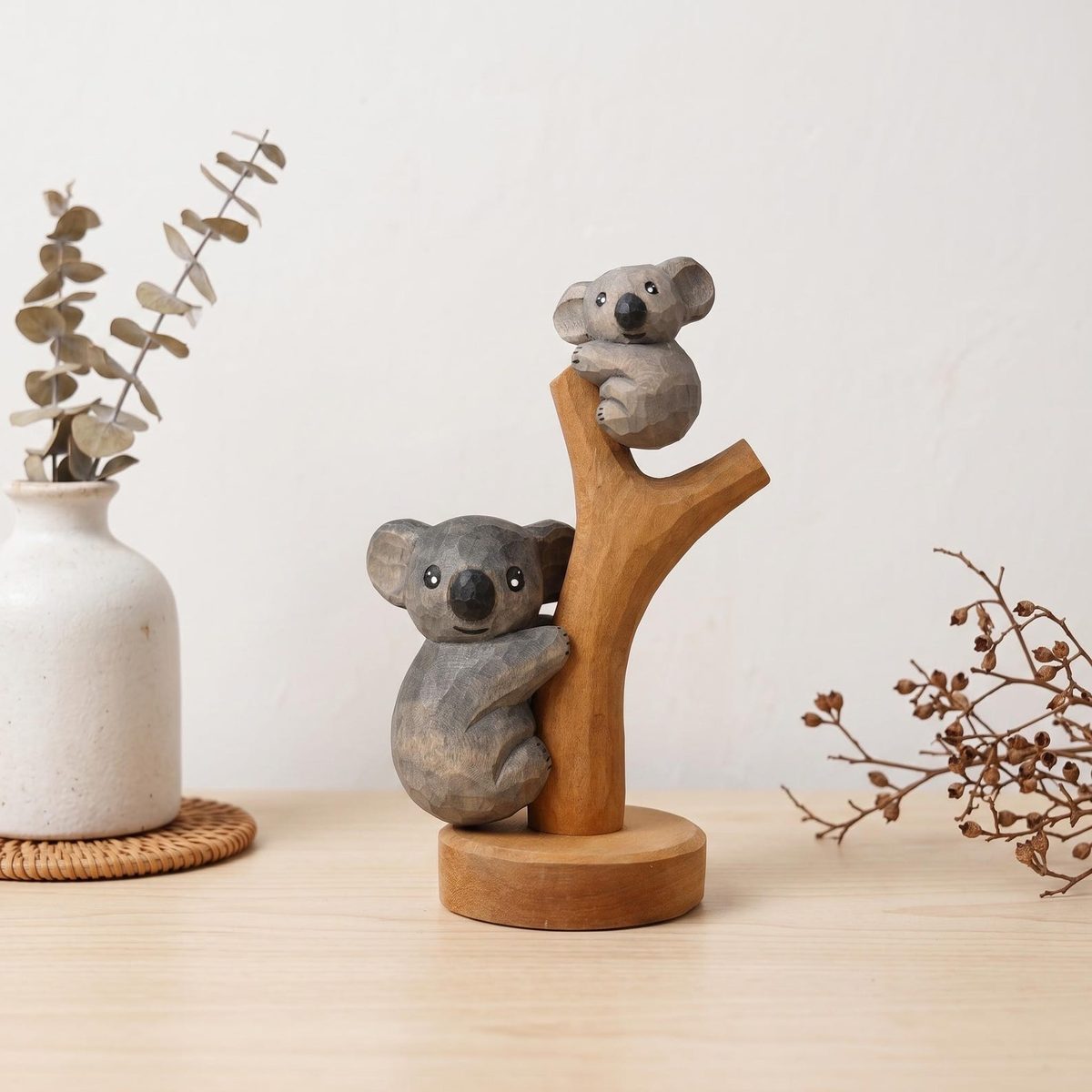 Koala Mother and Baby Set, hand-carved wooden figurine