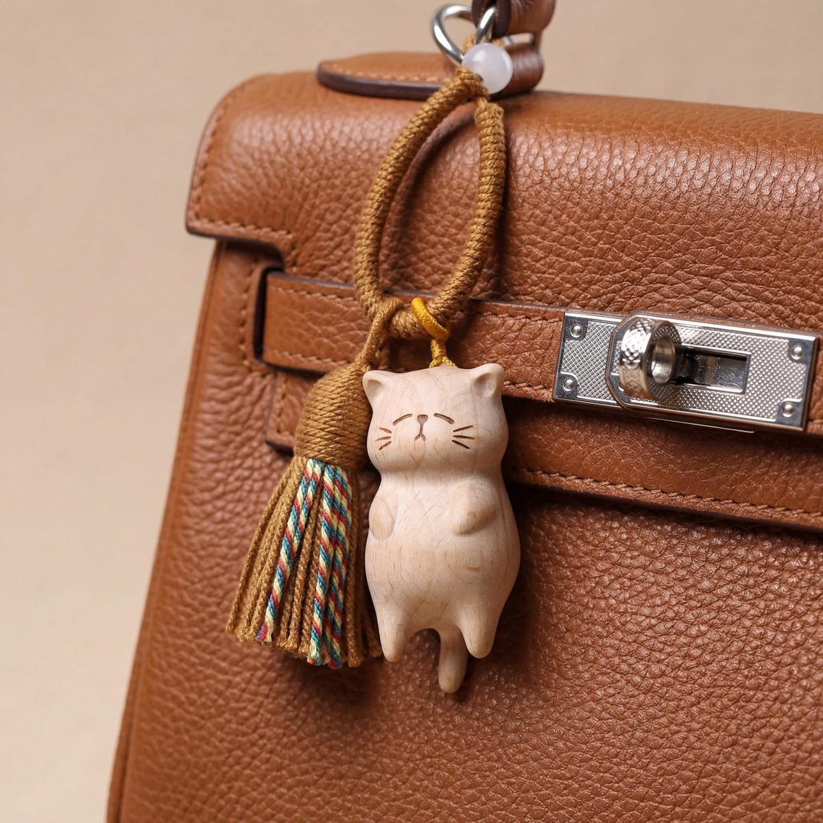 Lazy Cat Bag Charm, hand-carved wooden figurine