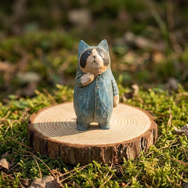 Linden Wood Blue Cat, hand-carved wooden figurine