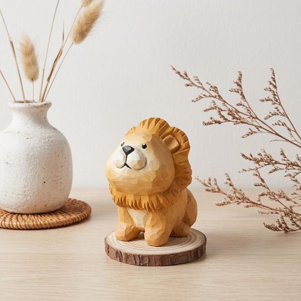 Wooden Lion Figurine, hand-carved wooden figurine