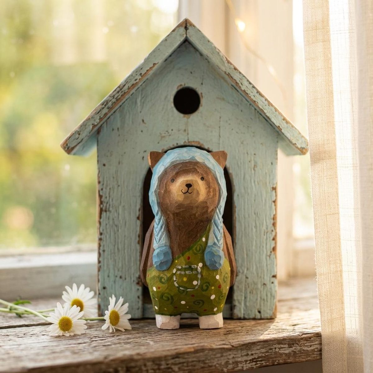 Bear in a Blue Hat, hand-carved wooden figurine