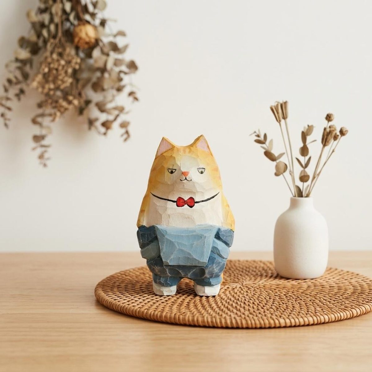 Orange Tabby Cat in Denim, hand-carved wooden figurine