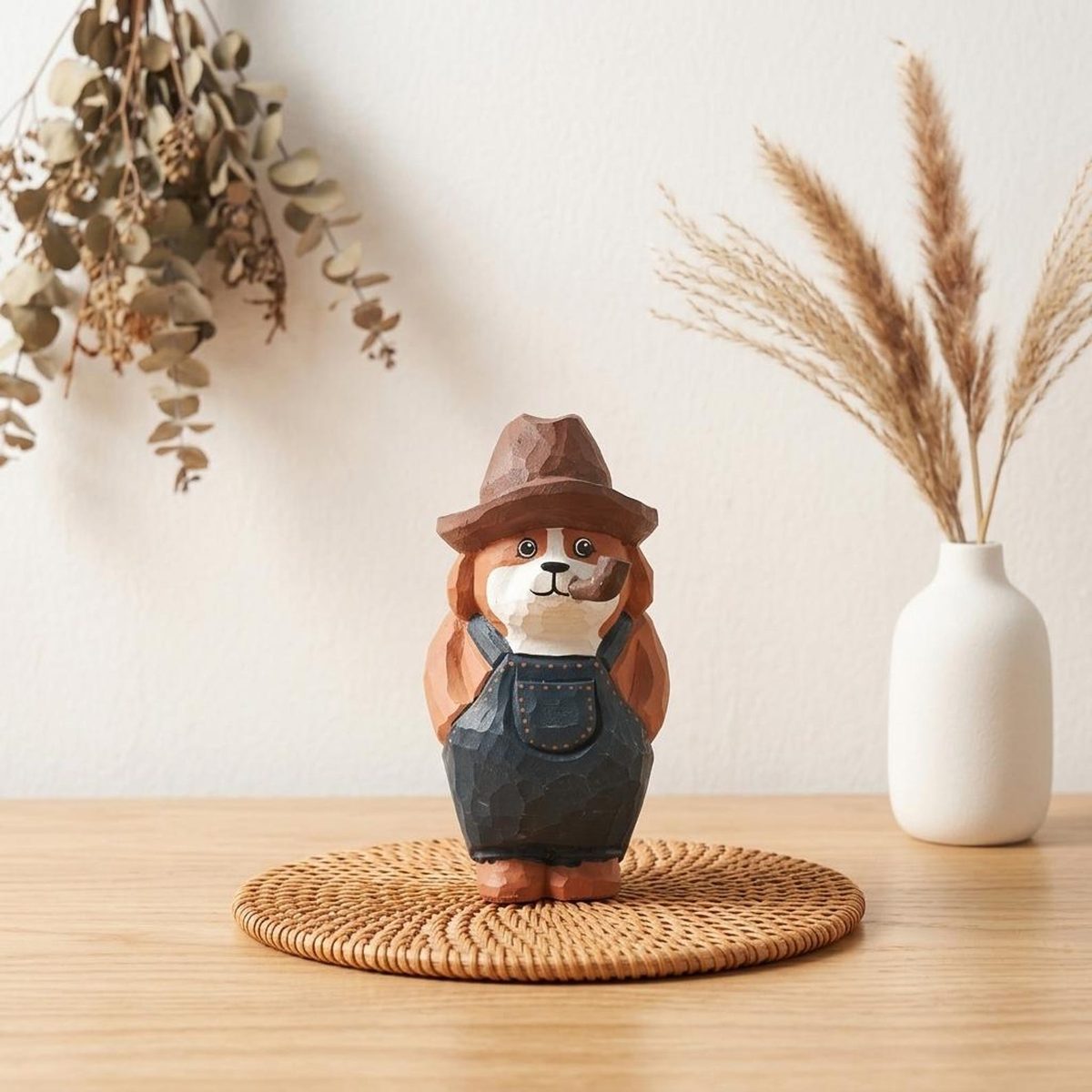 Cowboy Dog with a Pipe, hand-carved wooden figurine