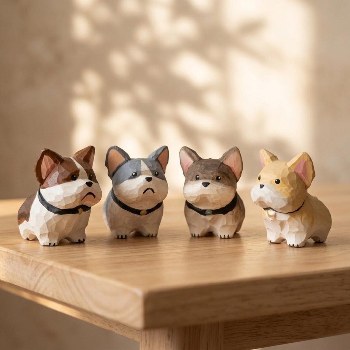 Low-Poly French Bulldog, hand-carved wooden figurine