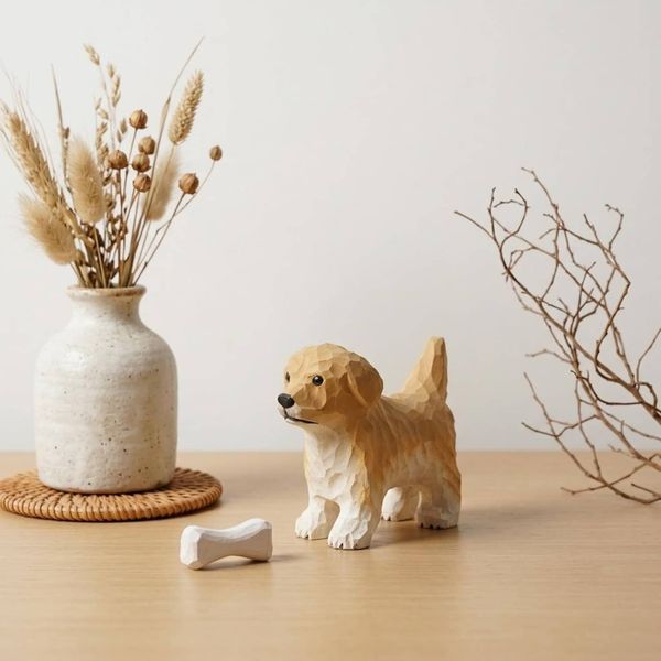 Golden Retriever Puppy with Bone, hand-carved wooden figurine