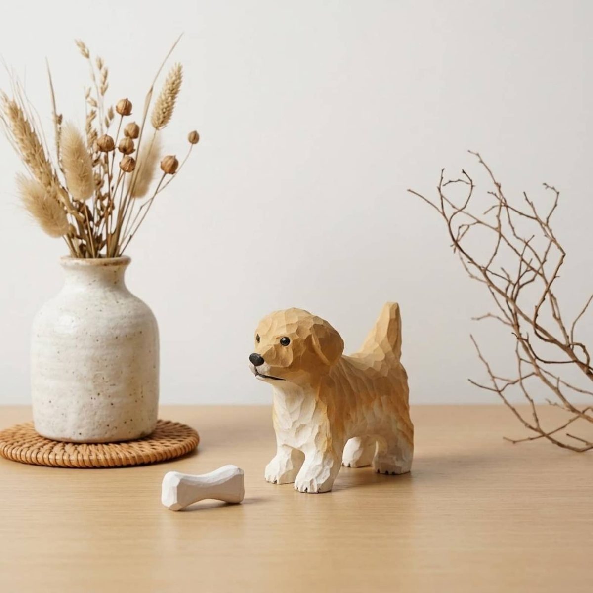 Golden Retriever Puppy with Bone, hand-carved wooden figurine