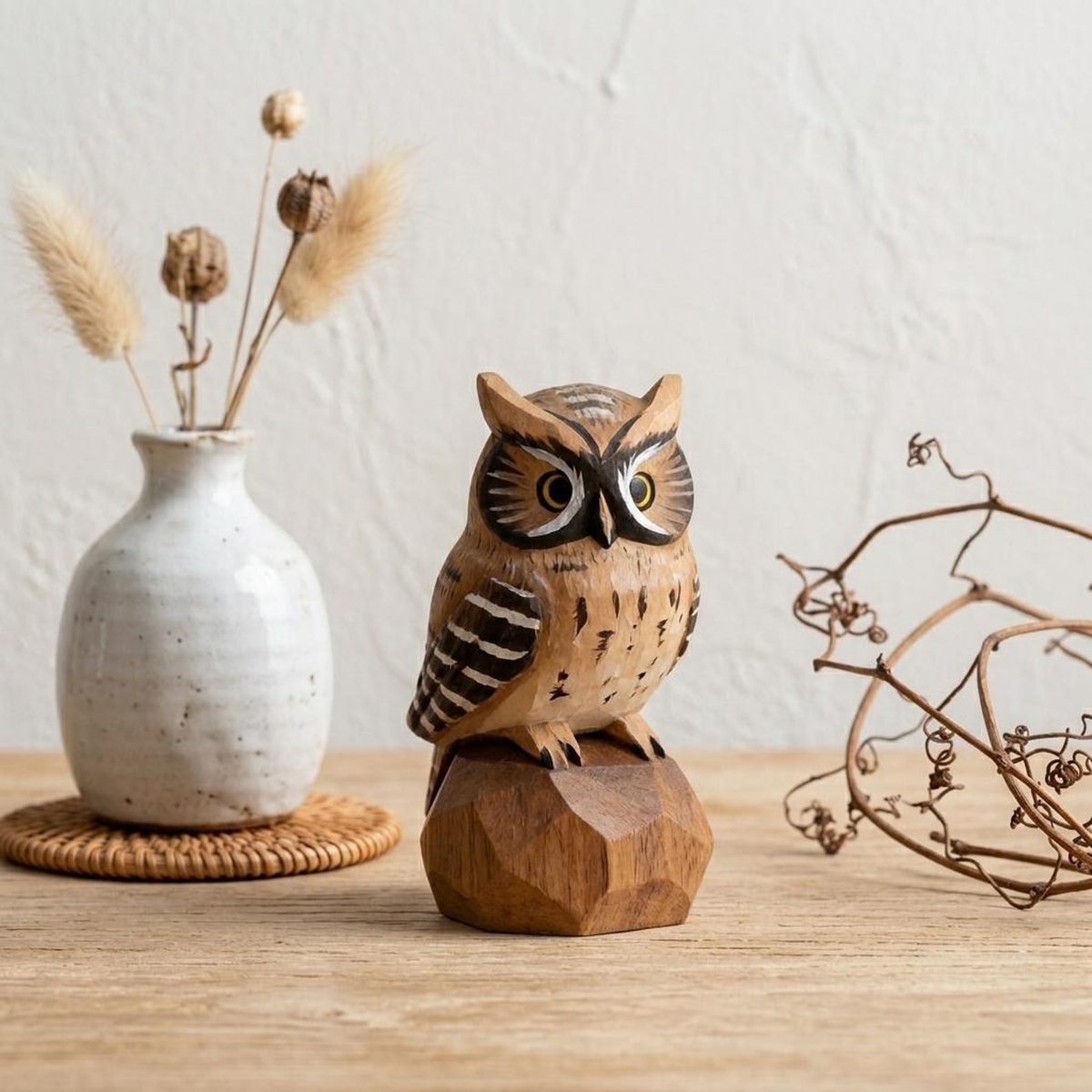 Low-Poly Owl on Engraved Base, hand-carved wooden figurine