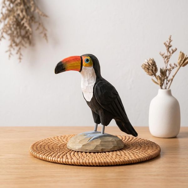 Low-Poly Toucan, hand-carved wooden figurine