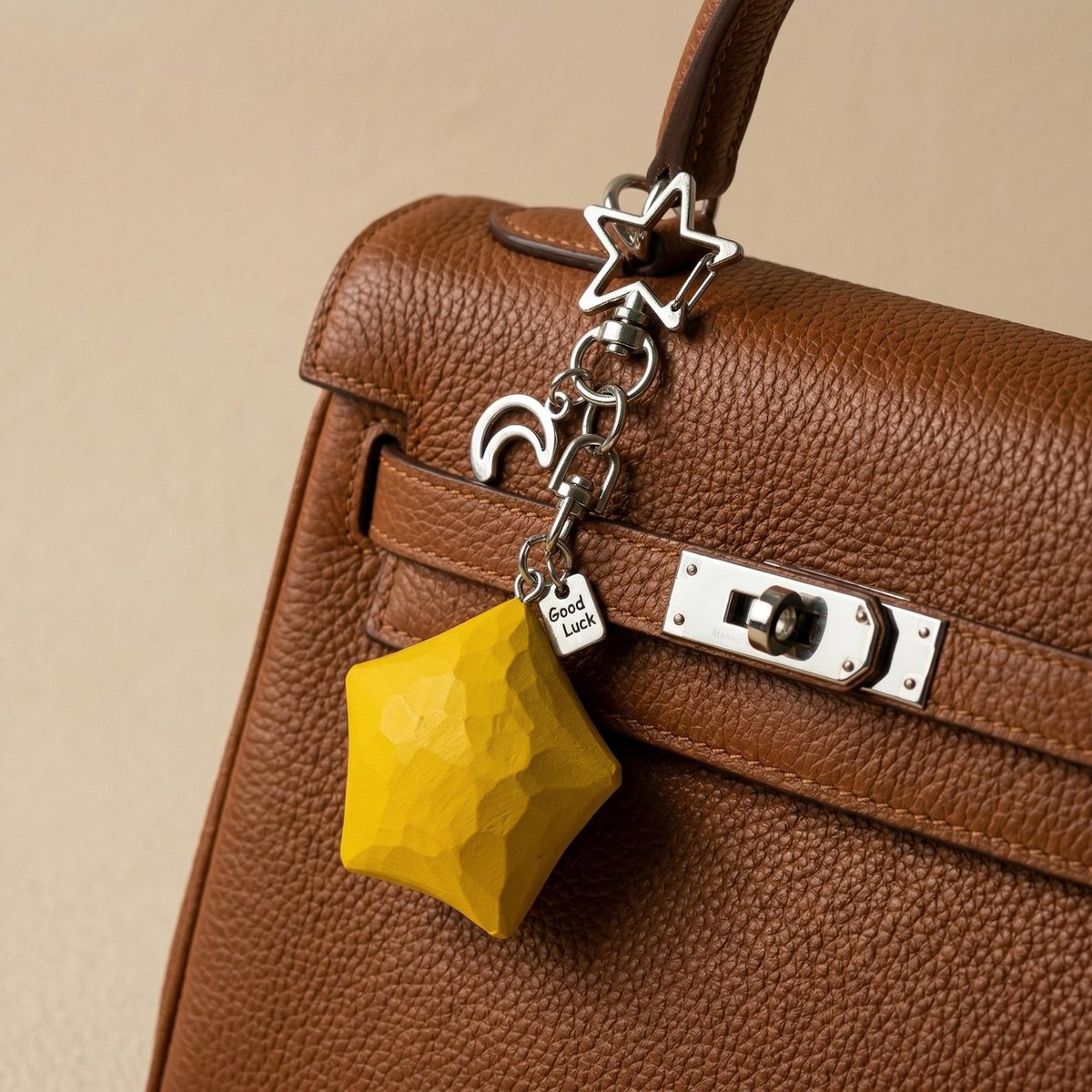 Lucky Star Bag Charm, hand-carved wooden figurine