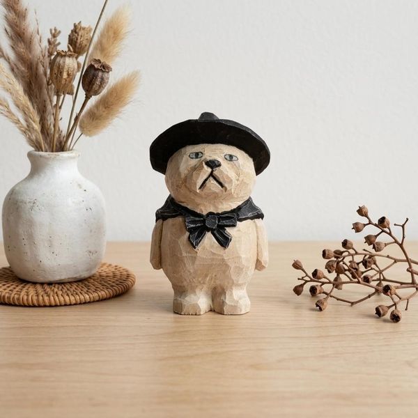 Natural Wood Witch Cat, hand-carved wooden figurine