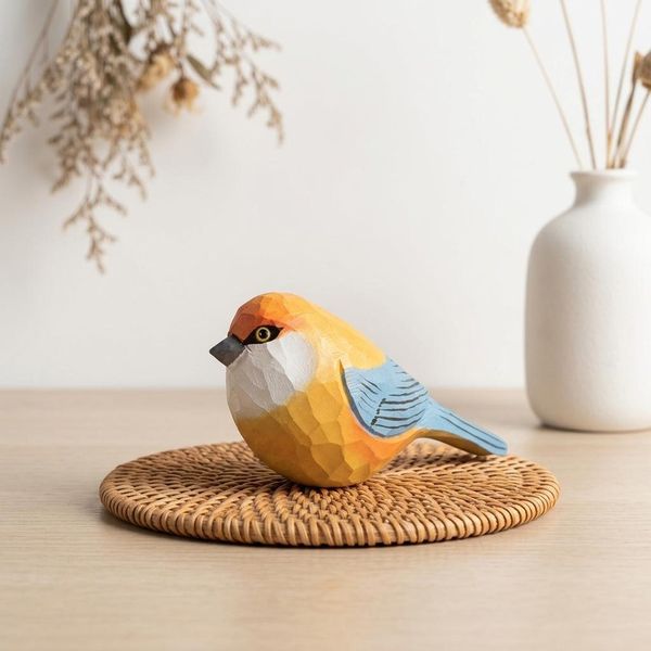 Orange and Blue Songbird, hand-carved wooden figurine