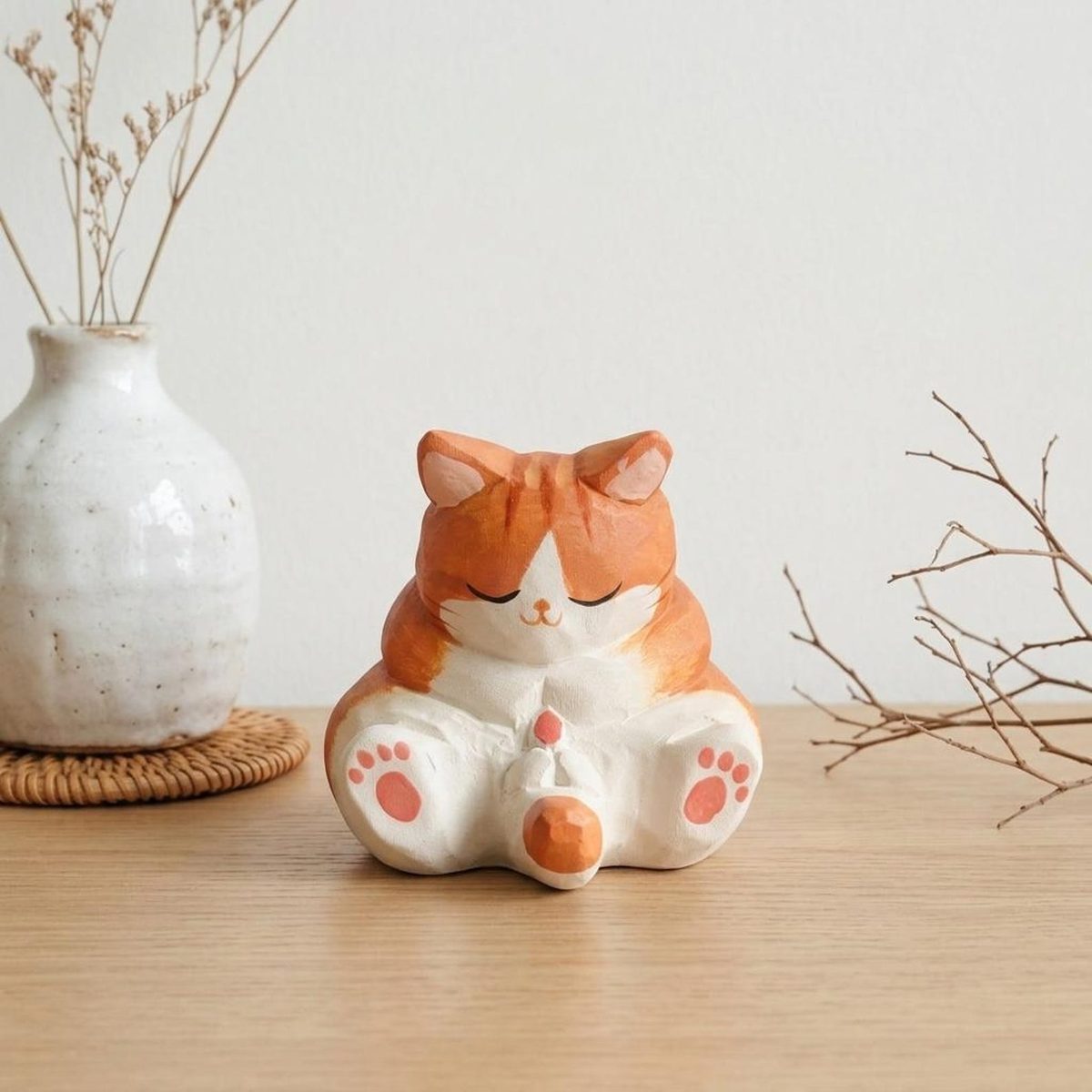 Funny Orange Cat, hand-carved wooden figurine