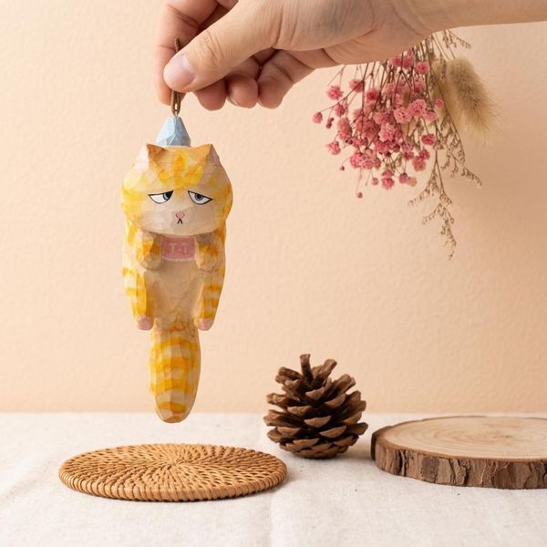Orange Cat Hanging Pendant, hand-carved wooden figurine