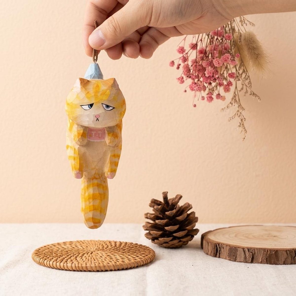 Orange Cat Hanging Pendant, hand-carved wooden figurine