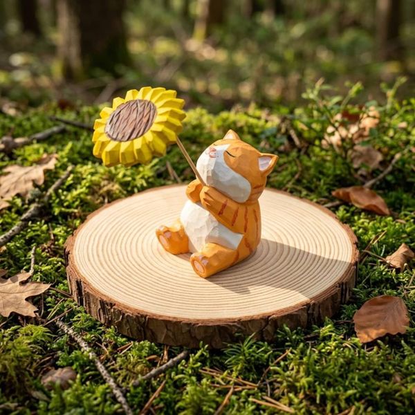 Orange Cat with Sunflower, hand-carved wooden figurine