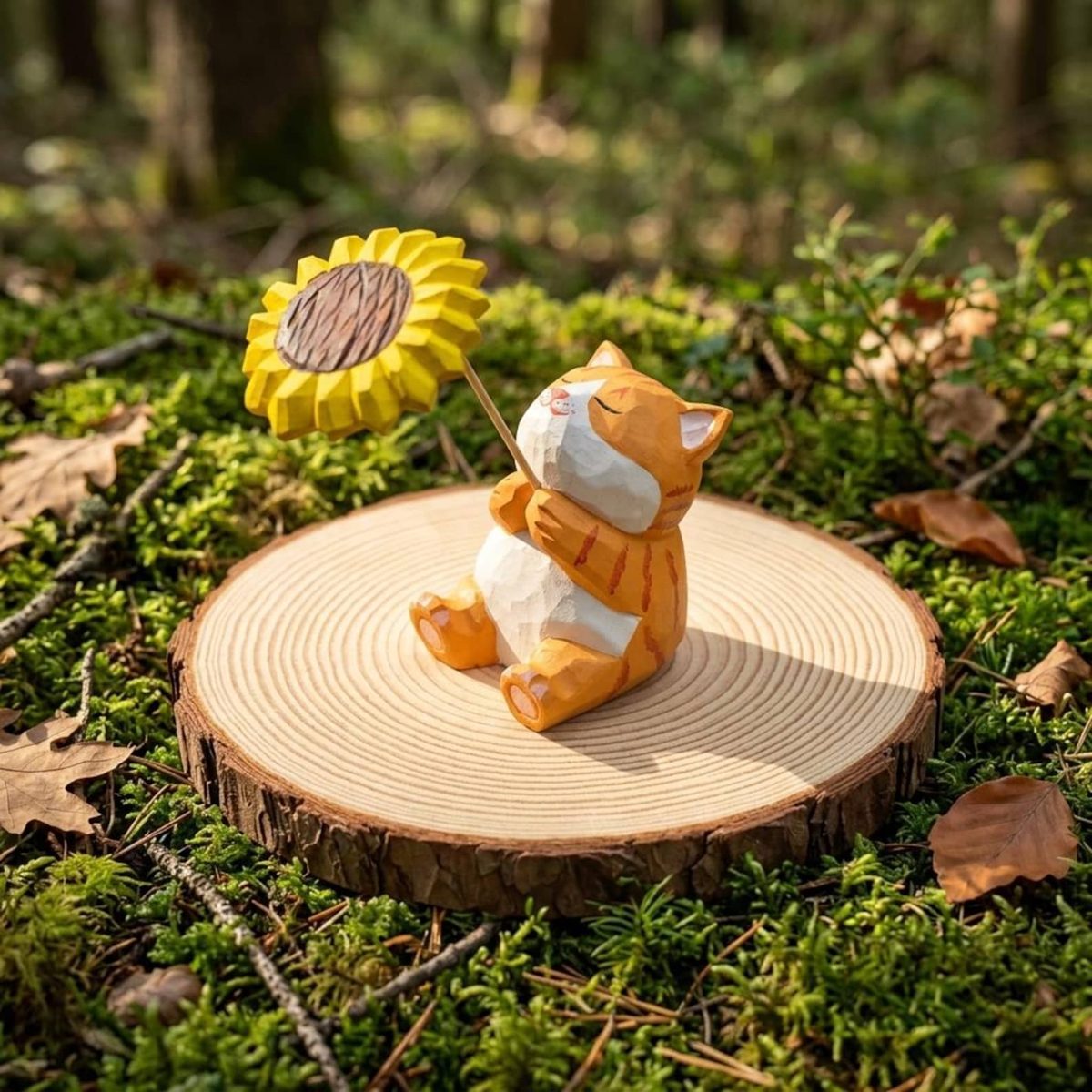 Orange Cat with Sunflower, hand-carved wooden figurine