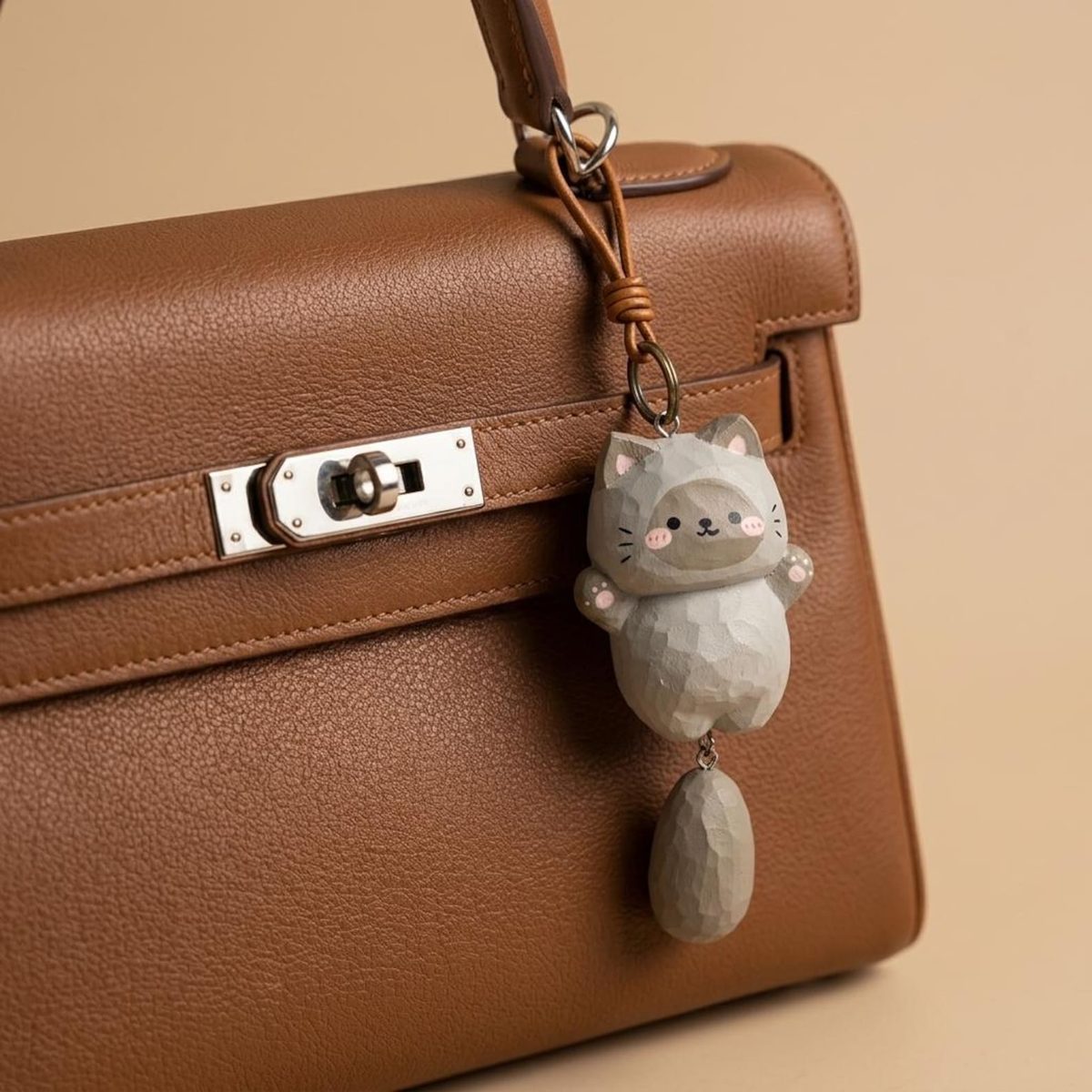 Grey Cat Charm, hand-carved wooden figurine