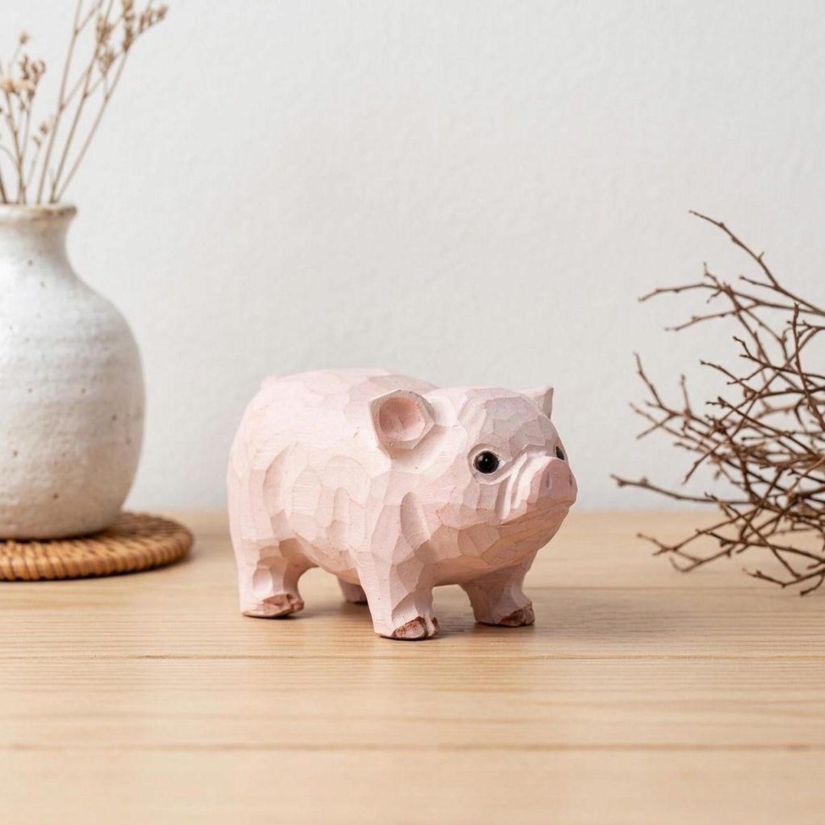 Low-Poly Pig, hand-carved wooden figurine