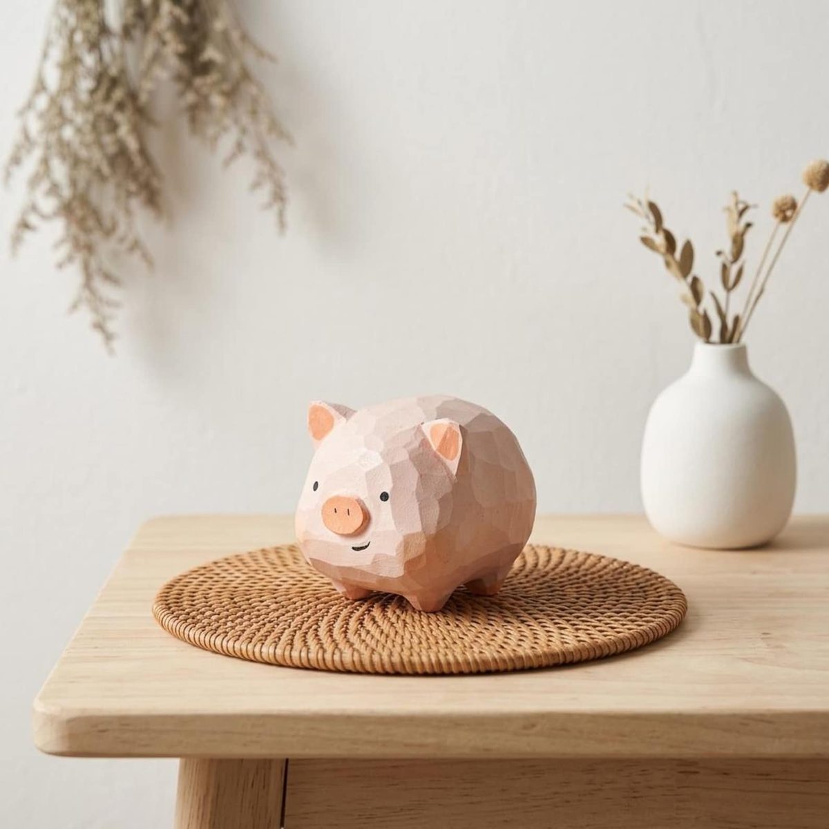 Blush Pink Pig, hand-carved wooden figurine