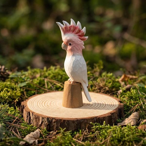 Pink Cockatoo, hand-carved wooden figurine