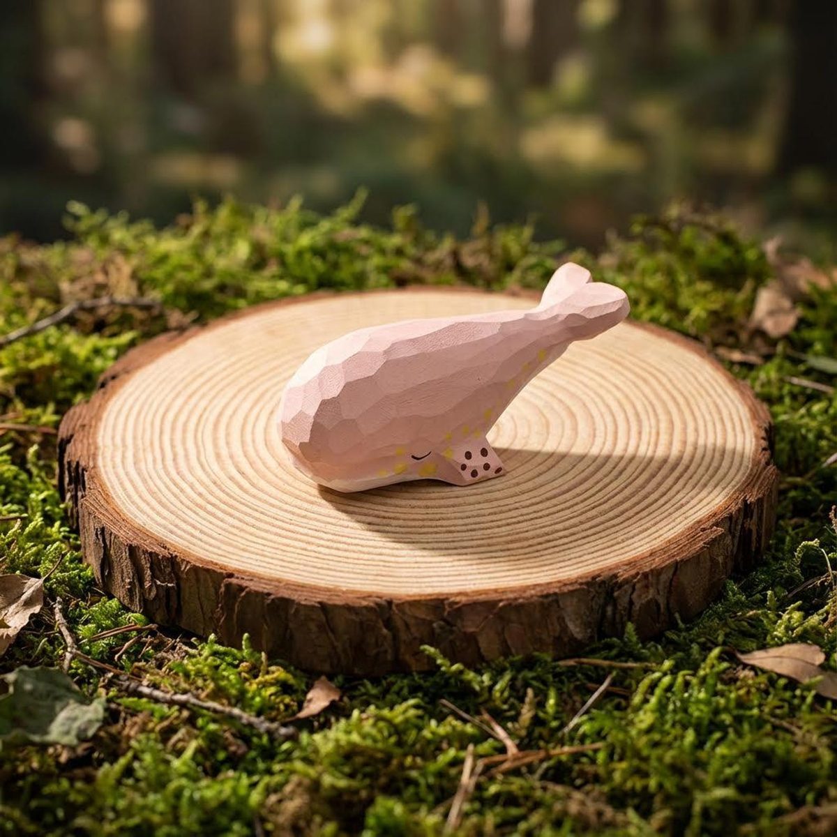 Pink Whale, hand-carved wooden figurine