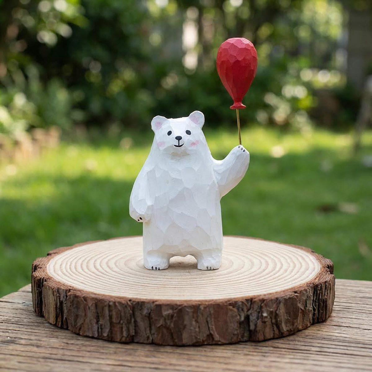 Polar Bear with Red Balloon, hand-carved wooden figurine