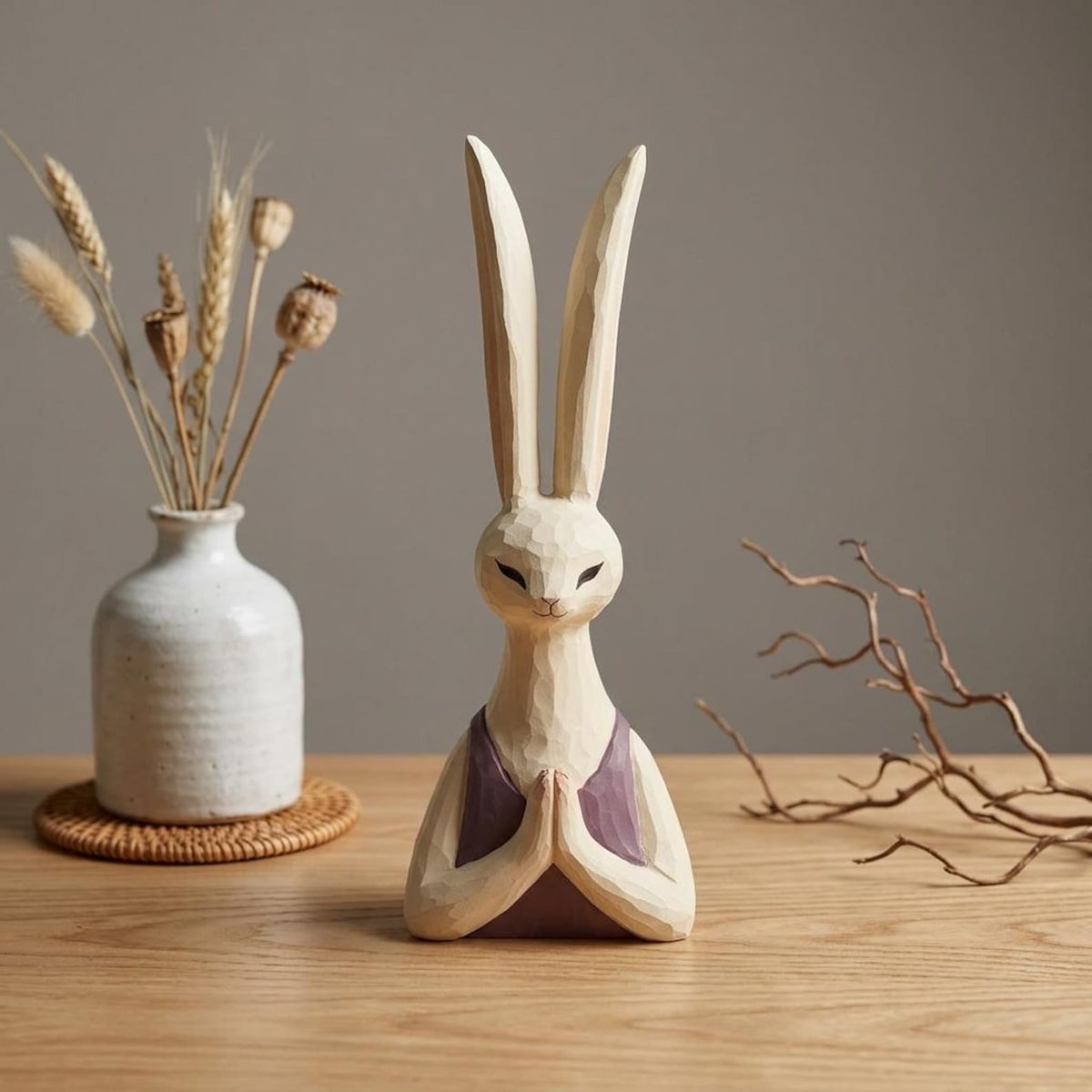 Praying Rabbit, hand-carved wooden figurine