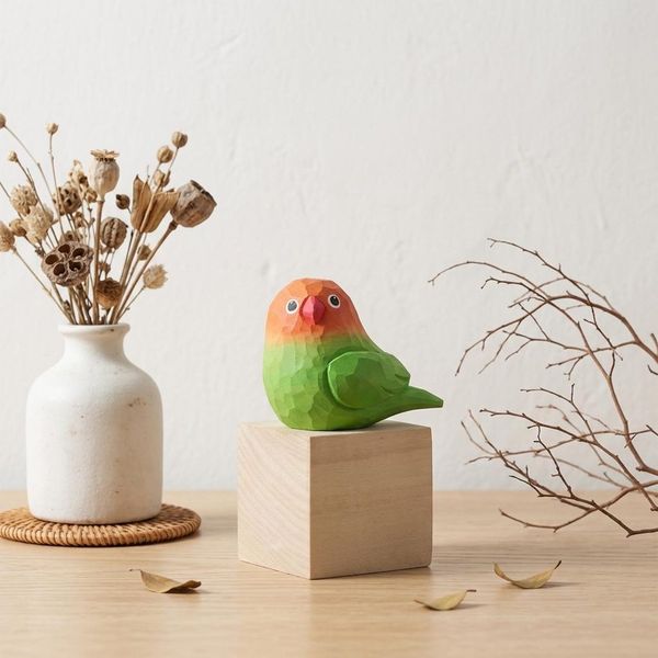 Red Lovebird, hand-carved wooden figurine