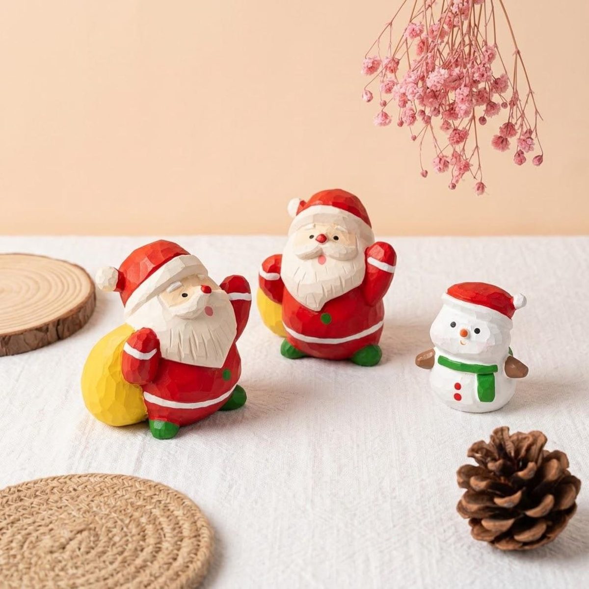 Santa and Snowman Figurines, hand-carved wooden figurine