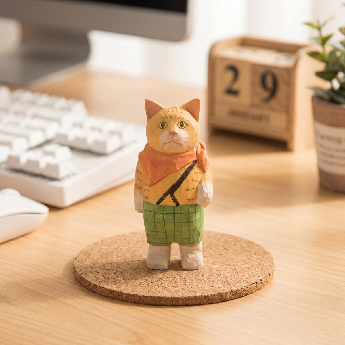 Scout Cat with Satchel, hand-carved wooden figurine