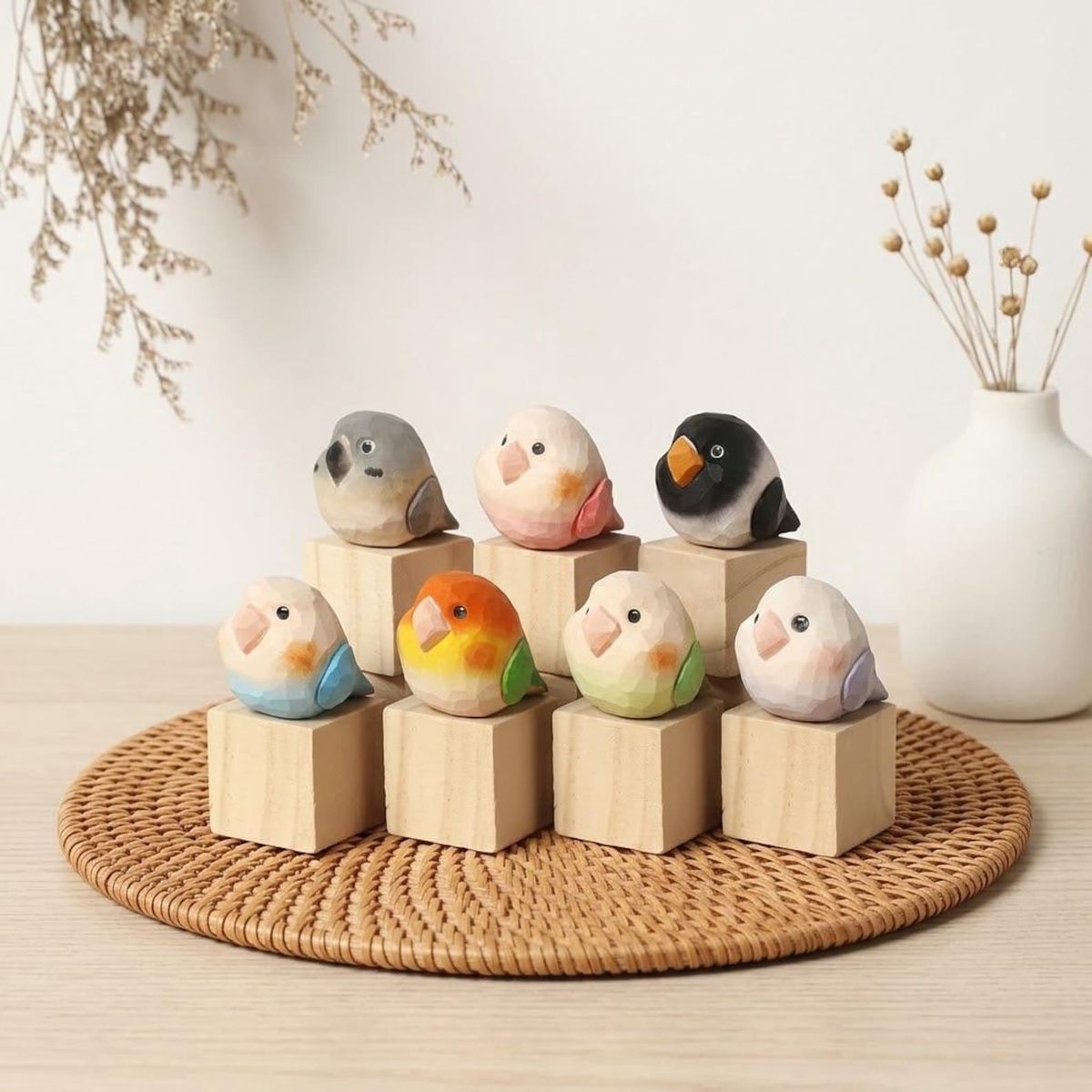Lovebird in Seven Colours, hand-carved wooden figurine