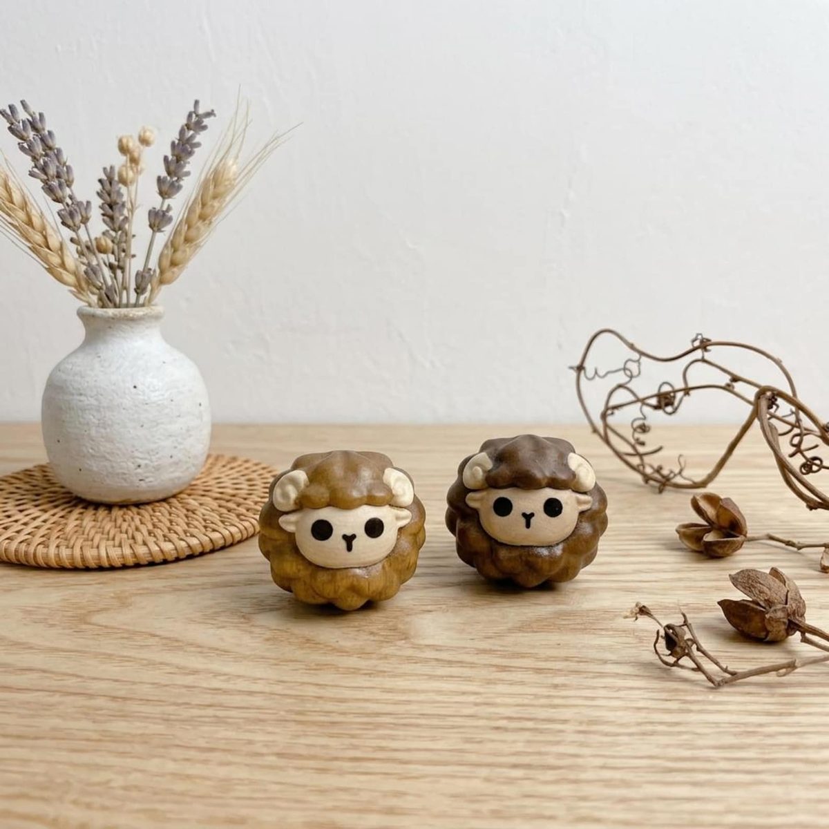 Walnut Sheep Worry Ball, hand-carved wooden figurine