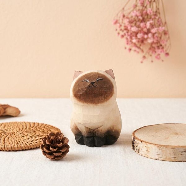 Engraved Siamese Cat, hand-carved wooden figurine