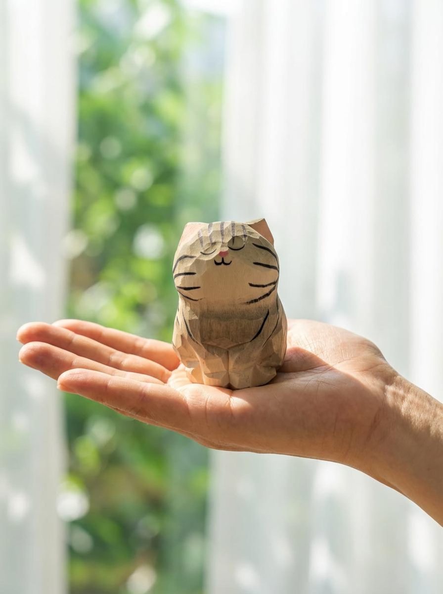 Personalised Silver Tabby, hand-carved wooden figurine