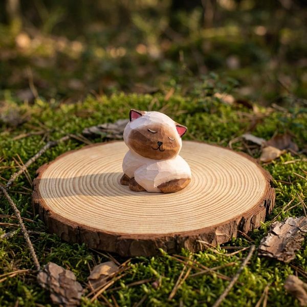 Sleepy Pink Cat, hand-carved wooden figurine