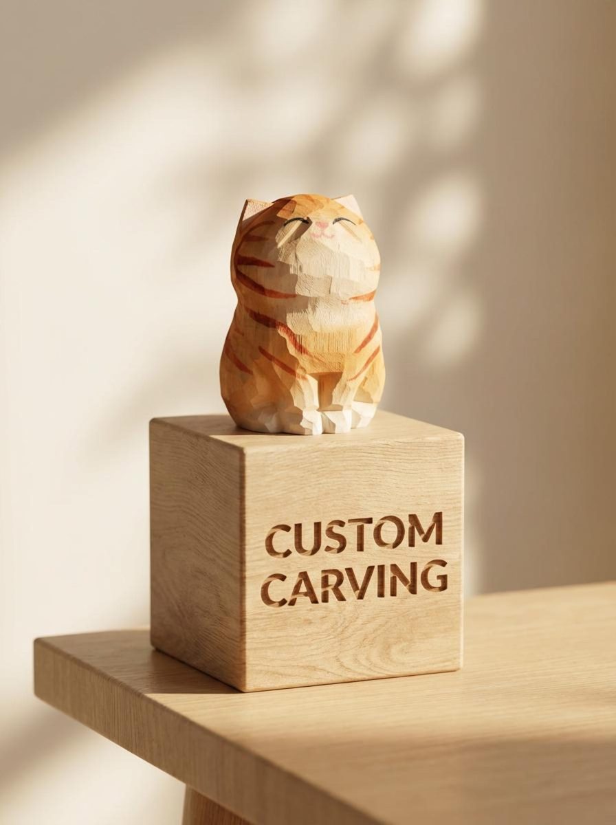 Smiling Ginger Cat (Personalised), hand-carved wooden figurine